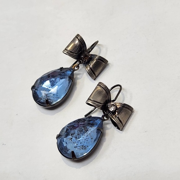 Blue Faceted Teardrop Silver Tone Brow Drop Dangle Hook Earrings Pierced Jewelry - Picture 5 of 6